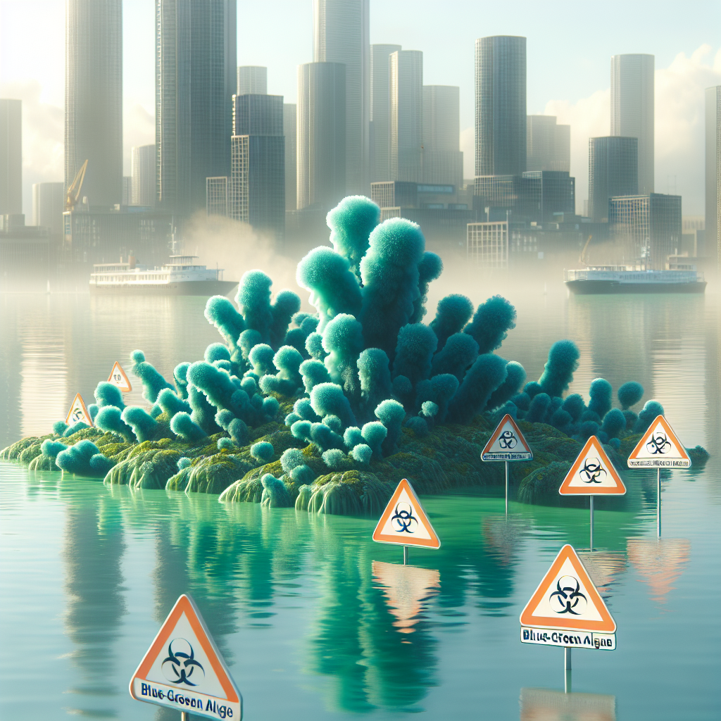 Create a photorealistic image using natural lighting and soft shadows. The image should portray blue-green algae growing in an urban water setting. This is to highlight the potential risk it poses for the development of ALS. To visualize this, include warning signs around the waterbody informing about the dangers of blue-green algae.