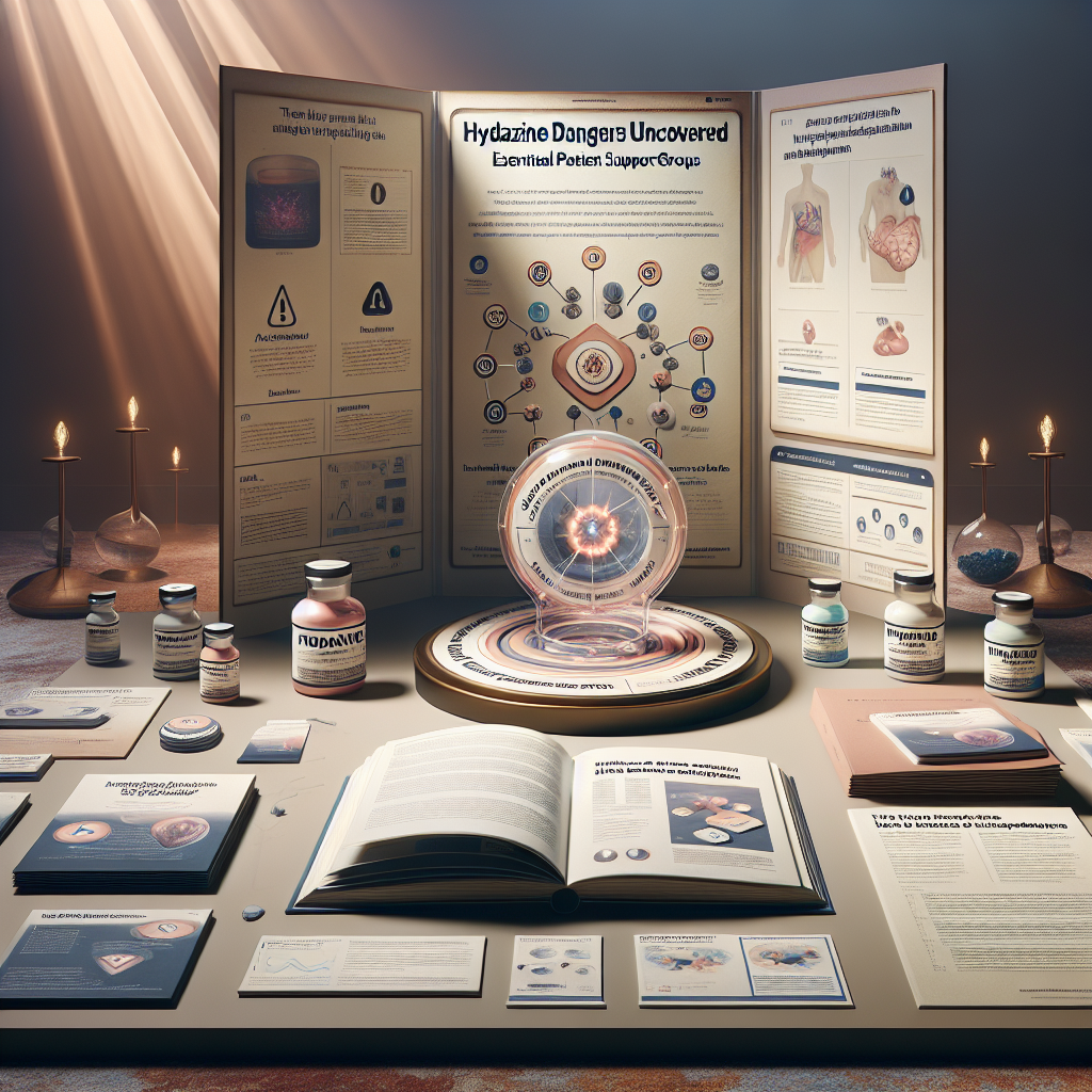 An elegantly arranged scene that depicts the theme 'Hydrazine Dangers Uncovered: Essential Guide for ALS Patient Support Groups'. The backdrop includes a muted color palette with ambient, natural light softly flooding in creating gentle shadows. In the foreground, a standout visual aide highlights the dangers of Hydrazine. There should be a book opened to a page titled 'Hydrazine Dangers', along with pamphlets and brochures for ALS patient support groups surrounding it. Adjacent to it, an infographic depicts the risks associated with Hydrazine exposure. The entire setup exudes an aura of urgency combined with commitment towards patient education and safety.