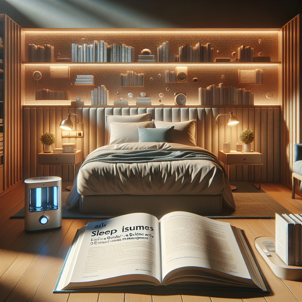 Generate a photorealistic image depicting a serene bedroom scene illuminated with natural lighting and soft shadows. The room includes a comfortable bed with easy-to-access switches for lights and an assortment of relaxation aids like white noise machines and a selection of books. A well-lit reading nook is present for reading before bed. On a small table beside the bed, a detailed guide book called 'ALS Sleep Issues: Exclusive Guide to Effortless Management' is prominently placed and pages appear to contain a mix of text, diagrams, and illustrations.