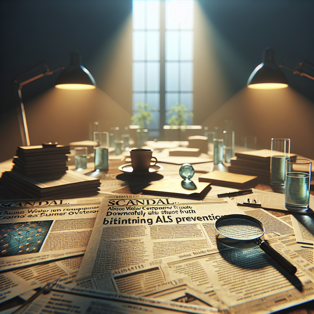 Generate a high-quality, photorealistic image displaying a scene of discovery and shock. In the scene, scientific documents spread across a table inside a dimly lit room with natural lighting seeping in through a window, casting soft shadows on the papers. A headline on one of the documents reads: 'Scandal: Real Water Company downfall exposes stunning truth behind ALS prevention.' The room should evoke the ambiance of an investigative reporter's office with scattered notes, a magnifying glass, and a cup of coffee.