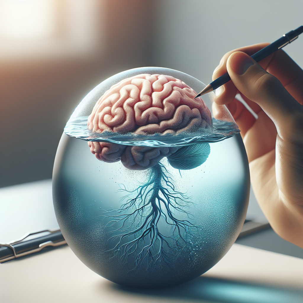 Create a high-quality, photorealistic image using natural lighting and soft shadows illustrating the fundamentals of a neurological disorder. Show a visual metaphor connecting the disease to the proximity of water, perhaps rendering a body of water near a brain as an artistic representation of the concept.
