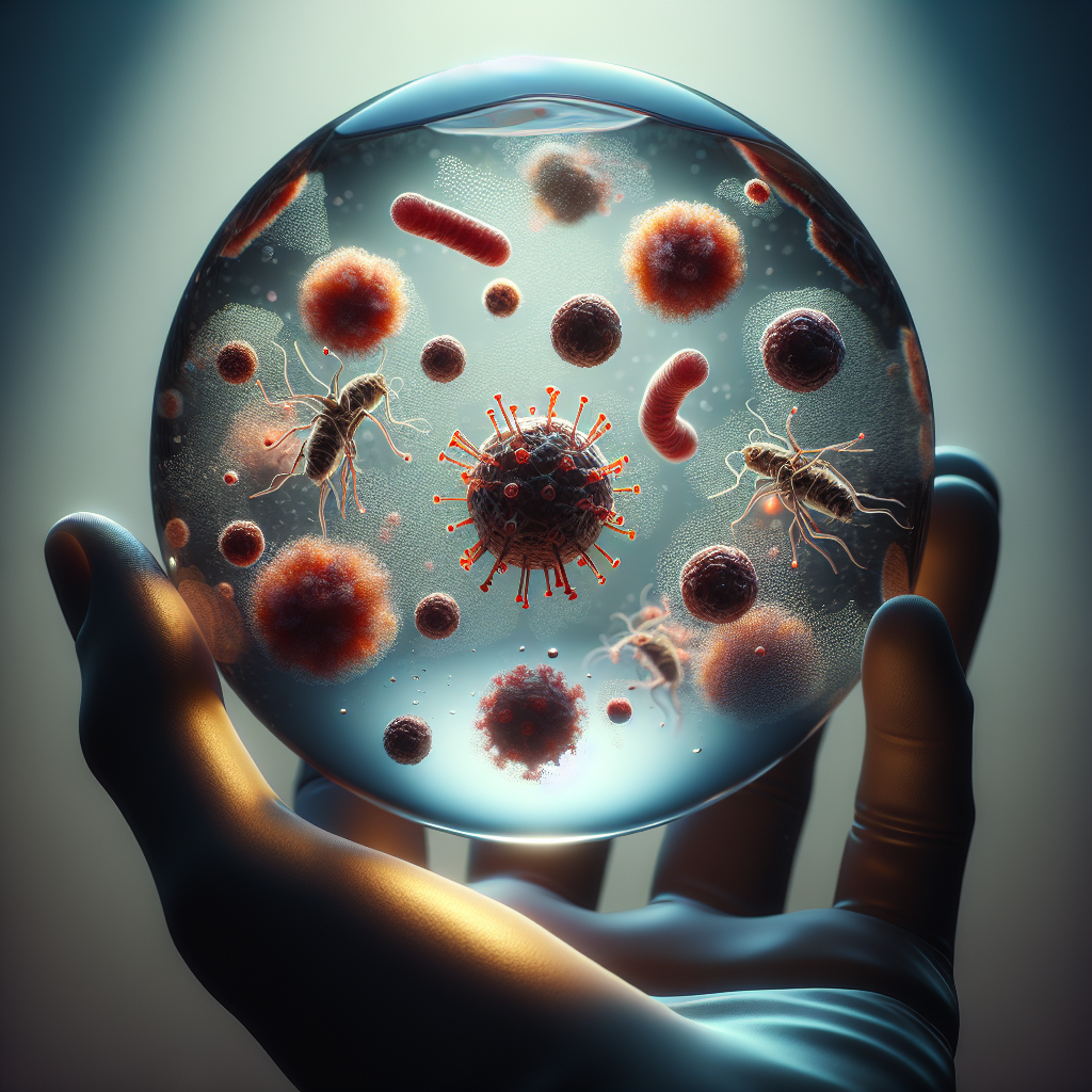 A conceptualization of a hepatitis outbreak: Visualization of microscopic pathogens in water, with dramatic emphasis to portray the silent but potent threat. Use natural lighting and soft shadows to highlight the details and capture the intensity of the scene.