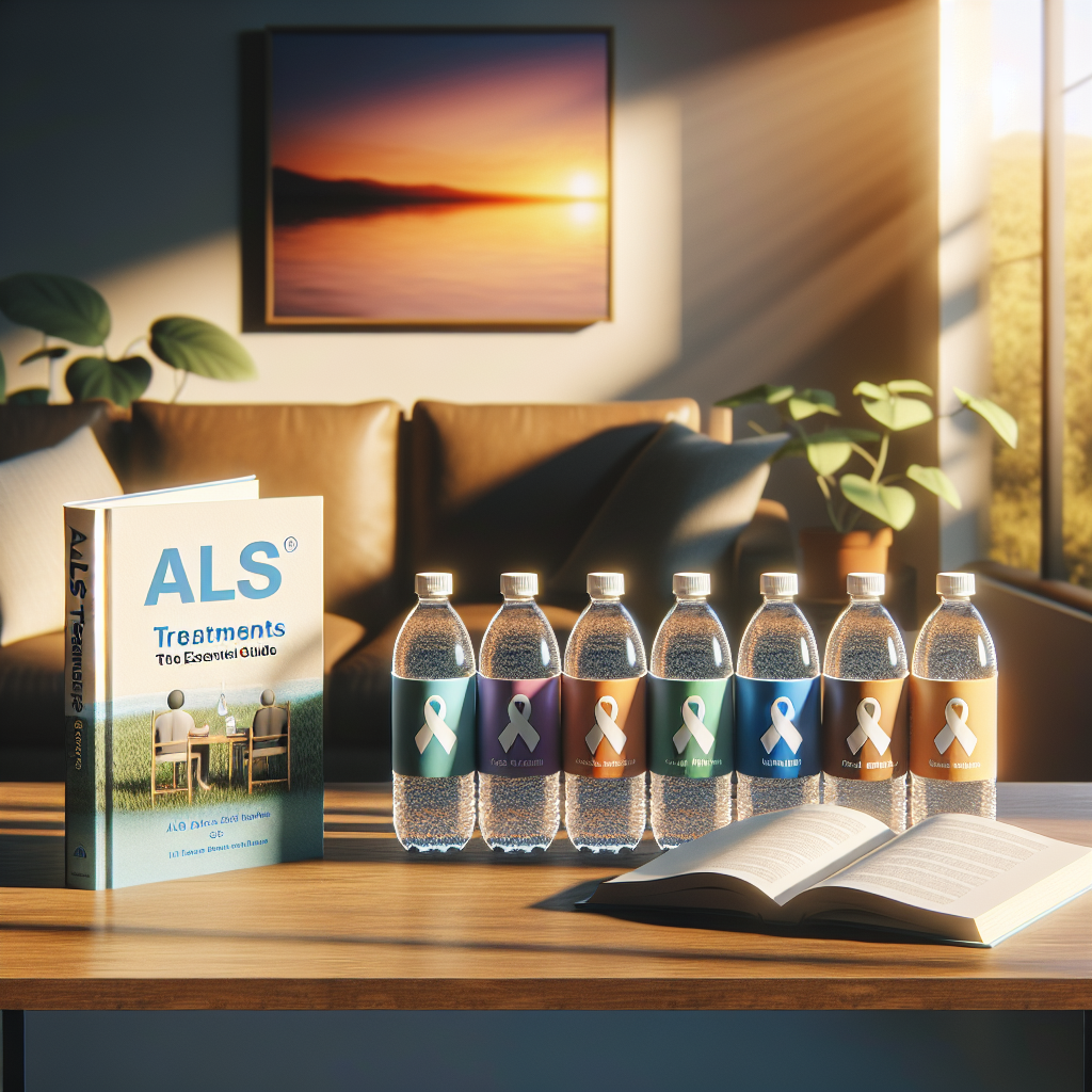 Create an image displaying a welcoming and informative environment. There's a book with the title "ALS Treatments: Essential Guide" on a wooden table. Next to the book, arrange several types of bottled water with safe and healthy options represented. Each should have a different label, suggesting variety. The image shows a natural lighting casting soft shadows enhancing the calm and peaceful setting. The backdrop should be a serene scene, perhaps a warm-hued sunrise or sunset, symbolizing hope and positivity.