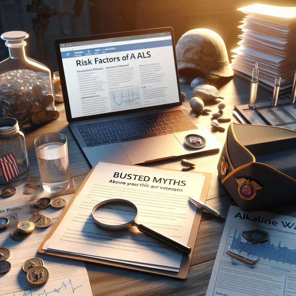 Create an image depicting a relevant scene linked to veterans researching risk factors of ALS. Represent various details such as paper documents with scientific data, a laptop with a research-based webpage open, and elements representing veterans (e.g., medals or uniforms). Also make sure to include busted myths about alkaline water in a way that it can make people understand the truth behind it. Maybe put a glass of alkaline water next to a sheet of paper stating that these are myths. Illuminate the scene with natural light creating soft shadows for a photorealistic atmosphere.