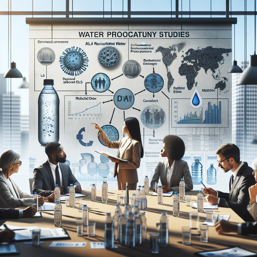 A professional environment featuring mixed group of environmental experts discussing water proximity studies. The room is filled with multiple diagrams and charts about ALS and recalled bottled water. The room employs natural lighting, creating soft shadows around. Details include a South Asian woman pointing towards a large chart, a Black man taking notes, a Caucasian woman inspecting a bottle of water, and a Middle-Eastern man looking through a microscope. The overtones of the image are scientific and investigative in nature.