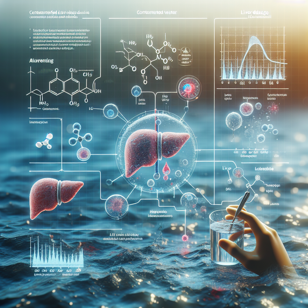 Generate a high-quality, photorealistic image using natural lighting and soft shadows. The scene should depict an illustration of a public health alert related to water. It should show scientific diagrams explaining the connection between contaminated water and liver damage, perhaps involving a microscopic view of harmful pathogens, a liver diagram and the biochemical processes involved. Include charts and graphs that reveal statistical data related to liver damage cases due to contaminated water.