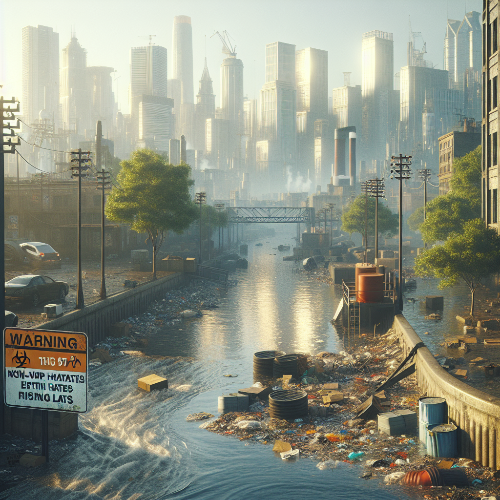 Create a photorealistic depiction of a cityscape with evident signs of water pollution. The scenery should feature a bustling urban environment with a heavily polluted river flowing through it. Include visible trash and industrial waste into the water. Include faded warning signs about non-viral Hepatitis and rising ALS rates scattered around the city. The lighting should be natural and highlight the signs of waste, while the shadows should be soft, accentuating the city's buildings and structures.