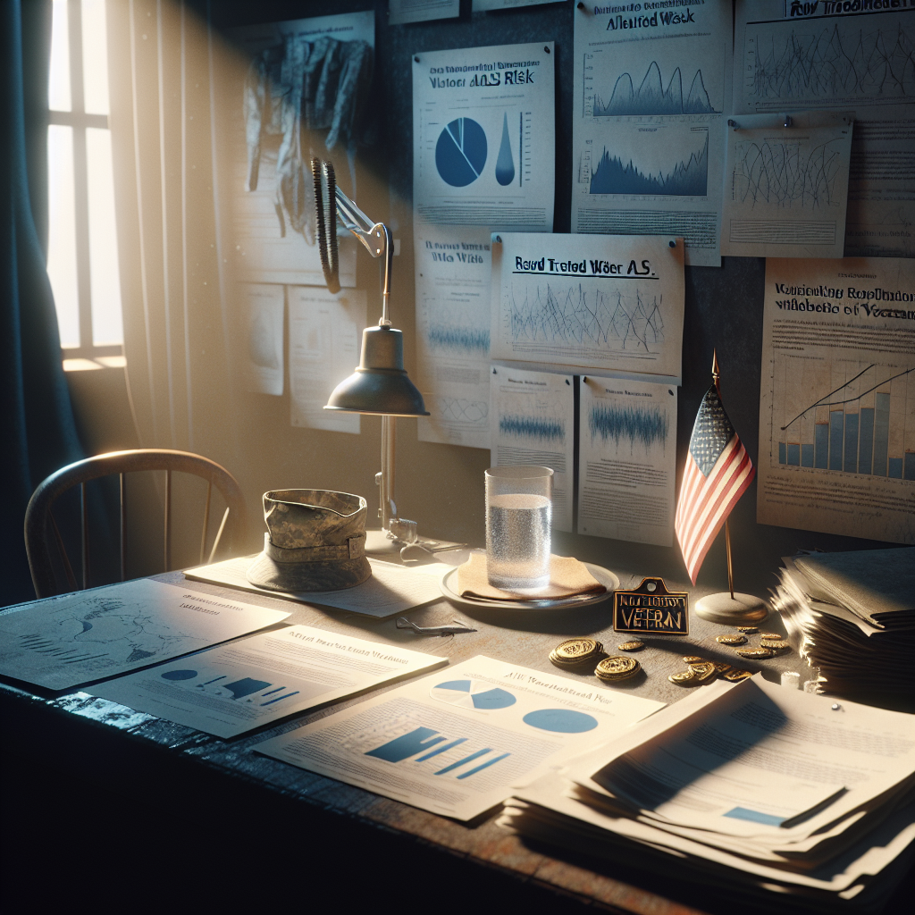 Imagine a scene displaying the concept of the connection between raw treated water and ALS risk, particularly related to veterans. It's a quiet study with papers strewn about, each paper showing graphs, charts, and studies on treated water and ALS. A soft, natural light illuminates the desk, casting gentle shadows around the room. There's a glass of water on the desk, symbolizing the raw treated water, and a military veteran tag nearby, whispering stories of the associated risk. The room radiates a feeling of urgent determination, the air tense with the revelation of a startling link.