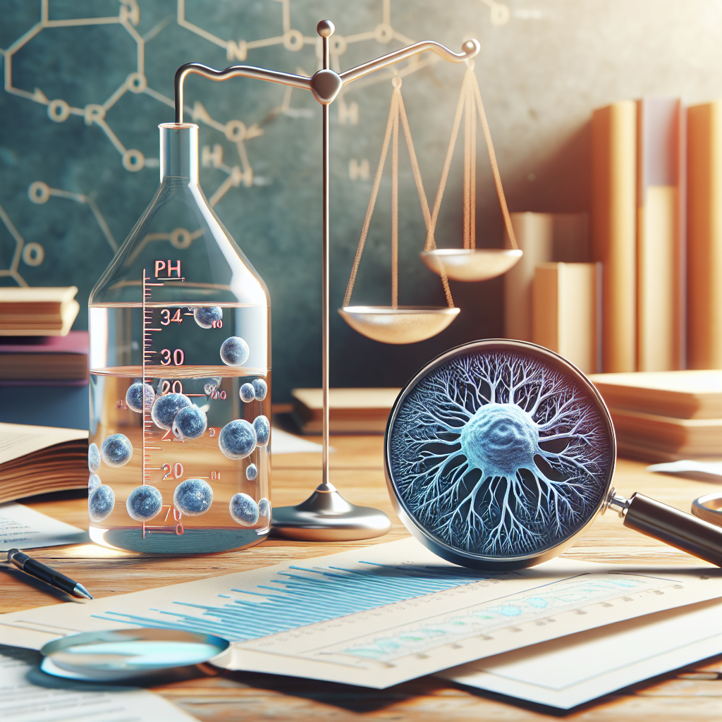 Generate a high-quality, photorealistic image. The scene should convey the concept of the relationship between alkaline water toxins and ALS progression. The image should feature a scale measuring the pH of water, with the indicator pointing towards the alkaline side. Beside this, depict a stylised diagram showing the neurons affected in ALS. The elements should be arranged on a large wooden desk, cast under natural lighting, creating soft shadows. Also, include scattered papers, suggesting research work, and a magnifying glass, indicating the act of investigation.