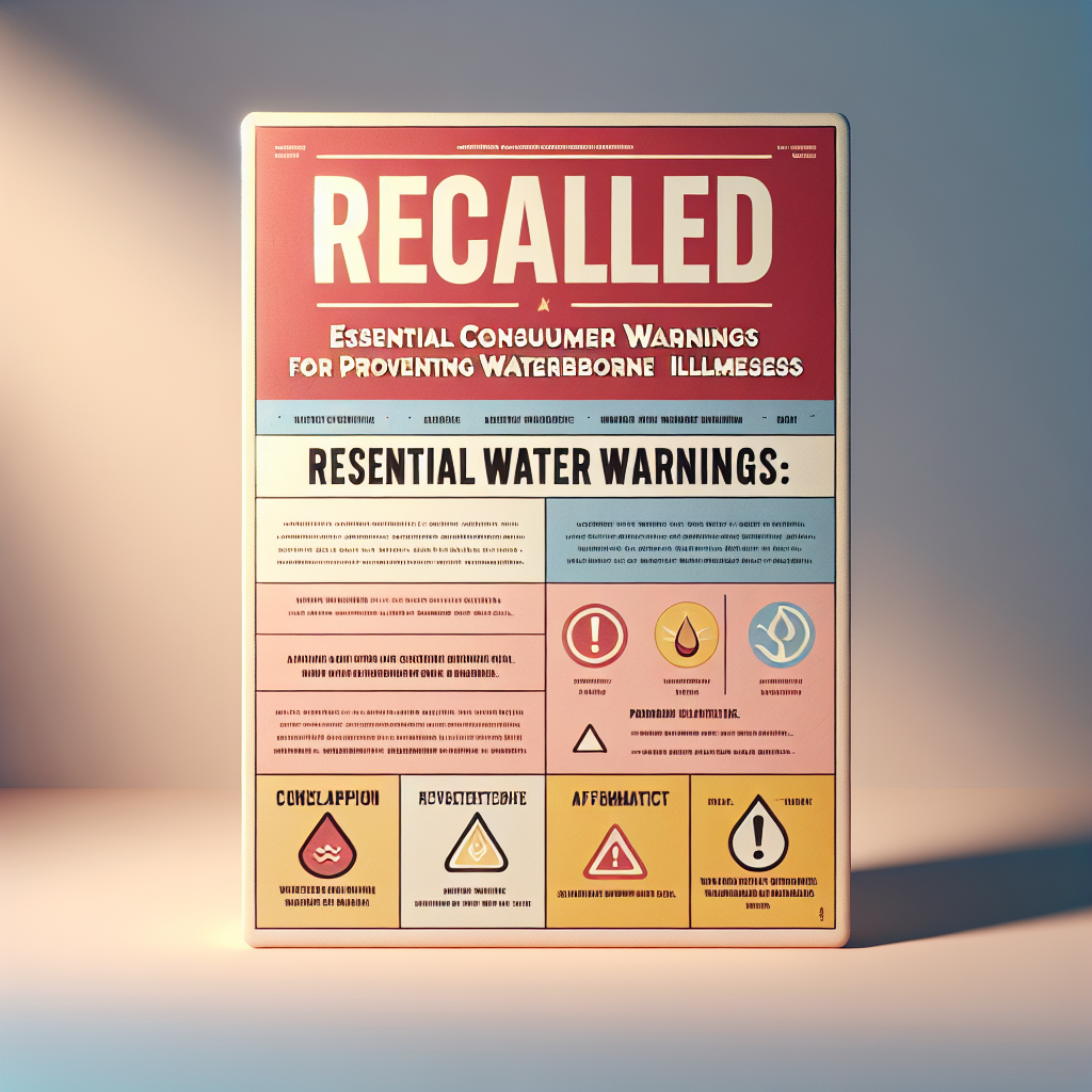 An image depicting a faux warning, titled: 'Recalled Water Alert: Essential Consumer Warnings for Preventing Waterborne Illnesses'. Use natural lighting and soft shadows for a realistic appearance. The alert should radiate urgency, with eye-catching hues of red and yellow. The background may be a calm pastel shade for contrast. The text information should be bold, clear, and informative, with simplified infographics about waterborne illnesses and preventive measures. Please ensure the visual elements are balanced and esthetically pleasing.