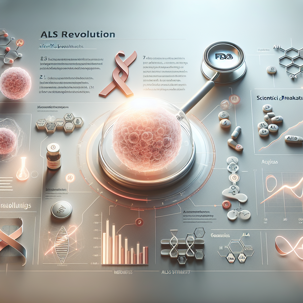 A photorealistic image representing the revolution in ALS treatments. Place emphasis on an infographic that captures key highlights of the progress, featuring symbols related to medical innovation, scientific breakthroughs and a hypothetical representation of the FDA's seal of approval. Strategically use natural lighting and soft shadows to enhance the visual depth of the image.