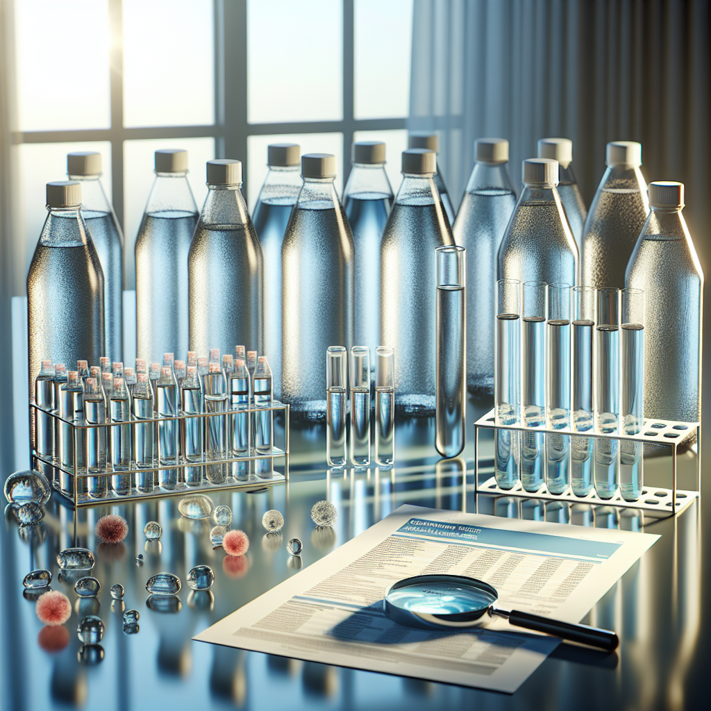 Generate a photorealistic image using natural lighting and soft shadows that depicts various types of bottled water samples arranged on a glass table. Several bottles are open, and test tubes containing water samples are in front. It shows that these samples could contain contaminants. Also include a magnifying glass near a report revealing the presence of ALS contaminants in the water, providing a stunning revelation about bottled water safety.