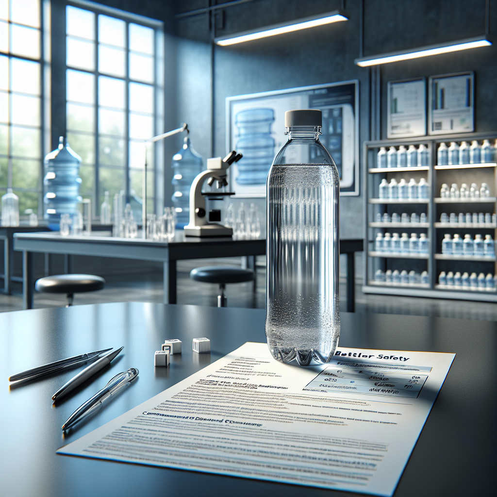 A highly detailed and photorealistic image of a scene depicting bottled water safety. It showcases a clean water bottle, clear, filled with pristine water on a backdrop of a well-maintained lab environment hinting at rigorous testing and safety measures. This setup should be illuminated with soft, natural light, creating subtle shadows around the objects. Front and center, a data sheet with detailed information about ALS contaminants and effective defenses against them is displayed prominently, capturing the viewer’s attention.