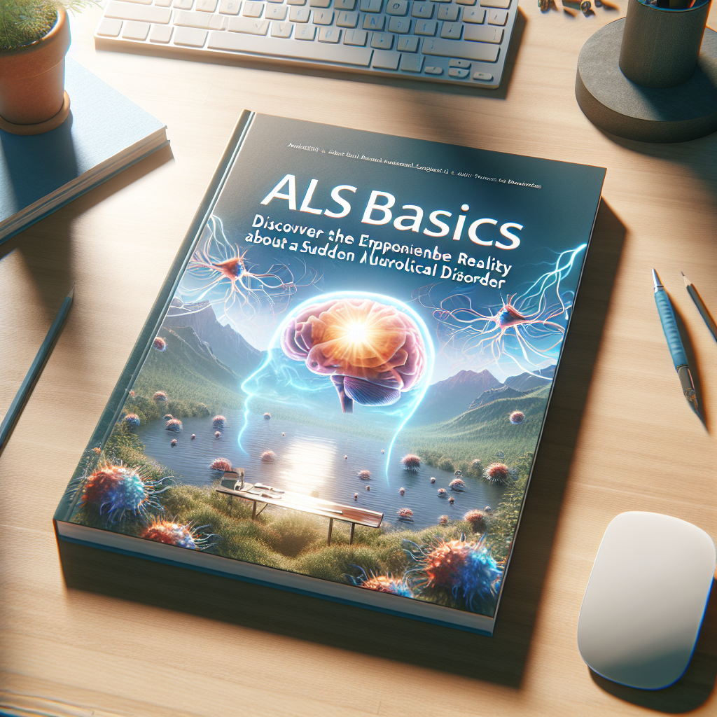 Generate a high-quality, photorealistic image using natural lighting and soft shadows. The image should feature a textbook or informational pamphlet on a desk, dappled in sunlight, with the title 'ALS Basics: Discover the Unpleasant Reality About a Sudden Neurological Disorder'. The cover is adorned with visuals such as a brain, neurons, and a god-ray-infused serene landscape signifying hope, health, and wellbeing.