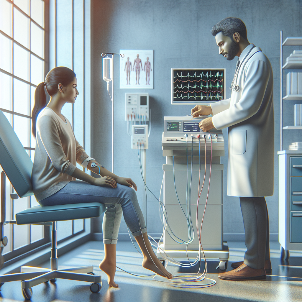 Create a high-quality, photorealistic image using natural lighting and soft shadows that represents the process of an ALS diagnosis. It should show a patient of Caucasian descent and a South Asian medical professional in a clinical setting, conducting an EMG test and a nerve conduction study. The environment should be professional, with medical equipment scattered around. However, remember to depict this in a manner that educates and comforts, not frightens.