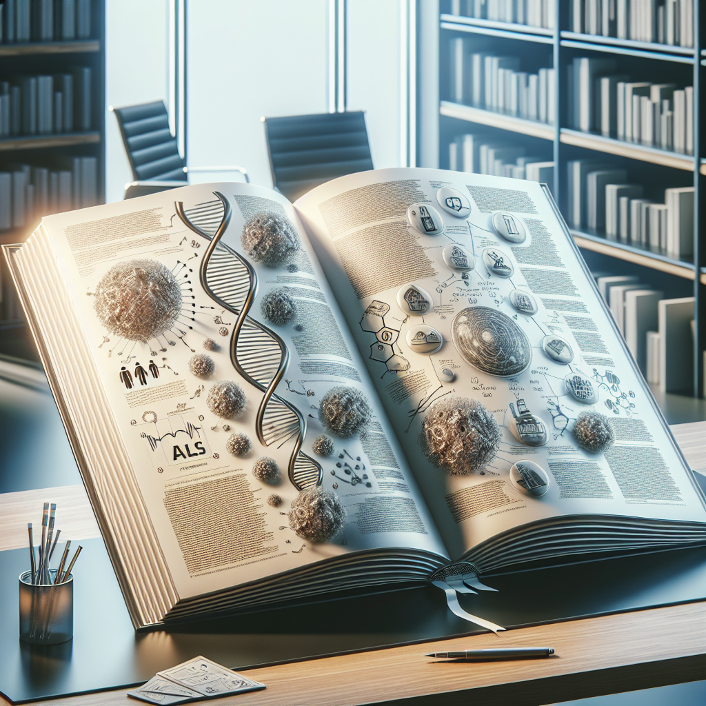 Generate a high-quality photorealistic image. The scene should be illuminated by natural lighting, casting soft shadows. The foreground should contain a large open book with pages of scientific illustrations and texts revealing insights about ALS causes. Illustrations should depict DNA strands, signifying genetic risks, and environmental icons, such as factories and pollution, to signify environmental factors. The book rests on a sleek modern desk made of wood, and in the background, you can see an organized study room with bookshelves filled with medical literature.