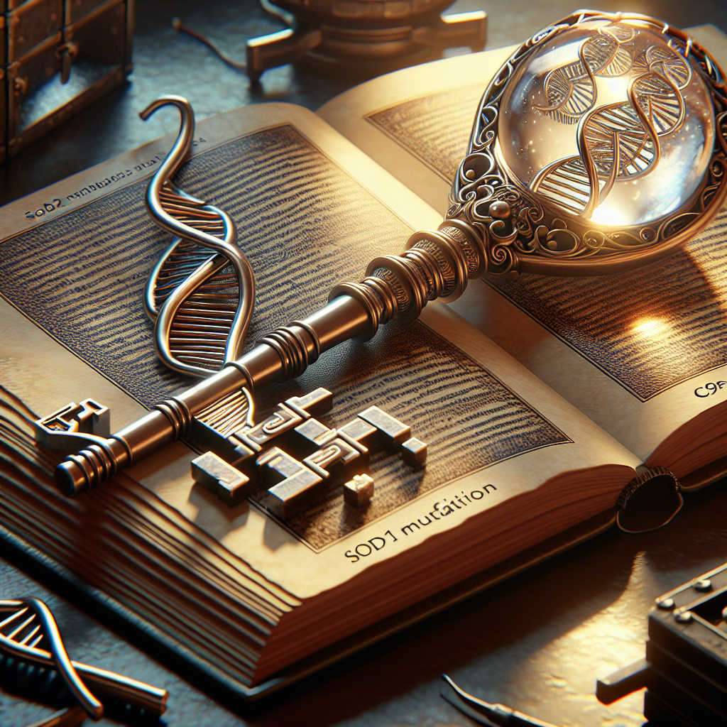Generate a photorealistic image capturing the essence of a scientific breakthrough. In the center, a large, intricately designed key made of gleaming metal symbolizes the 'unveiling'. This key is engraved with the inscriptions 'SOD1 Mutation' and 'C9ORF72 ALS'. The key should be juxtaposed against an open, leather-bound book where a detailed yet abstracted image of a DNA helix spirals upwards from its pages. The DNA helix is depicted in intricate details, symbolizing 'ALS Genes'. The setting should be a dimly lit, calm study with sunlight piercing through a window and casting soft shadows.
