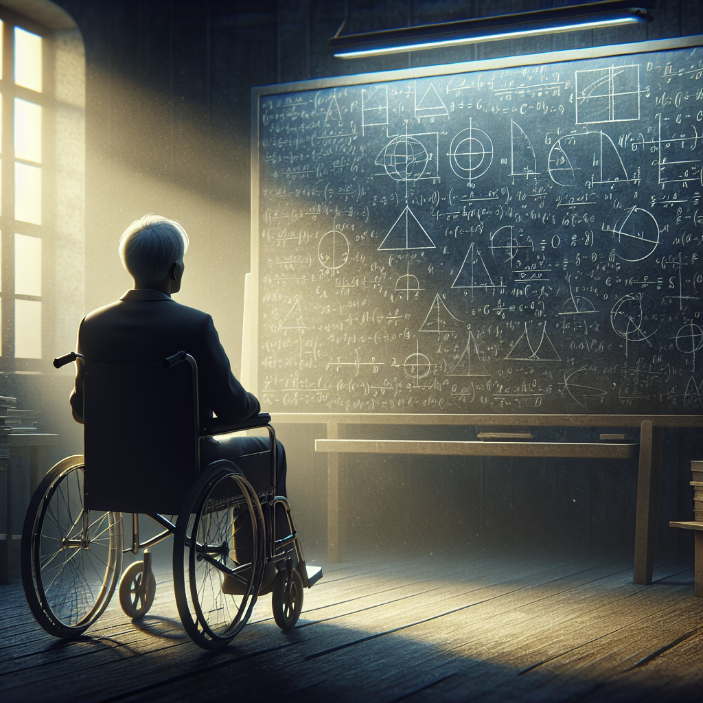 Illustrate a thought-provoking and inspiring narrative about a brilliant physicist with a long-term neurodegenerative condition. The scene should be immersed in natural lighting and soft shadows to evoke emotions of resilience and determination. It may include a wheelchair-bound figure facing towards a larger-than-life chalkboard filled with complex equations, signifying his unyielding curiosity and dedication towards unveiling the mysteries of the universe.