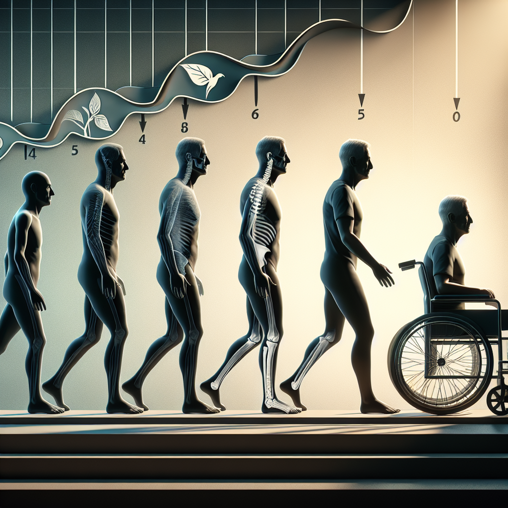 Create an illustration that effectively visually represents the progression stages of Amyotrophic Lateral Sclerosis (ALS). The scene begins with a silhouette of a healthy individual, followed by intermediary steps that gradually depict the physical changes often experienced by ALS patients. The final stage shows a wheelchair with the indication of an ALS patient's advanced symptoms. The setting should be realistic and lit with natural light casting soft shadows, aiming to provide a comprehensive and sensitive exploration of ALS progression speed and advanced symptoms. Remember to portray this serious topic with utmost respect and sensitivity.