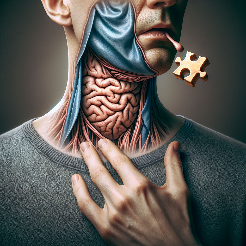 Create a high-quality, photorealistic image representing Bulbar ALS. The image should visually depict speech and swallowing problems associated with the disease, using symbolic elements. Integrate elements such as a draped, partially visible throat to symbolize swallowing and speech-related issues. Freel free to include images of a closed dementia puzzle, highlighting the complexity of the disease. Everything should be presented under a soft, natural light that subtly emphasizes the shadows. Please, maintain a serious and respectful tone in the representation.
