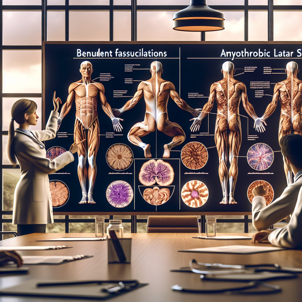 Create a high-quality, detailed, and nuanced illustration that showcases an anatomical comparison between benign fasciculations and those caused by Amyotrophic Lateral Sclerosis (ALS). The display should visualize muscle twitches under two different scenarios - benign and ALS. The presentation must be set in a modern medical room environment with warm, natural lighting and soft shadows. Incorporate the following elements: A Caucasian female neurologist in her 40s pointing at the relevant sections on the displays, and a Middle-Eastern male assistant in his late 20s taking notes. They both should be shown animatedly discussing the differences.