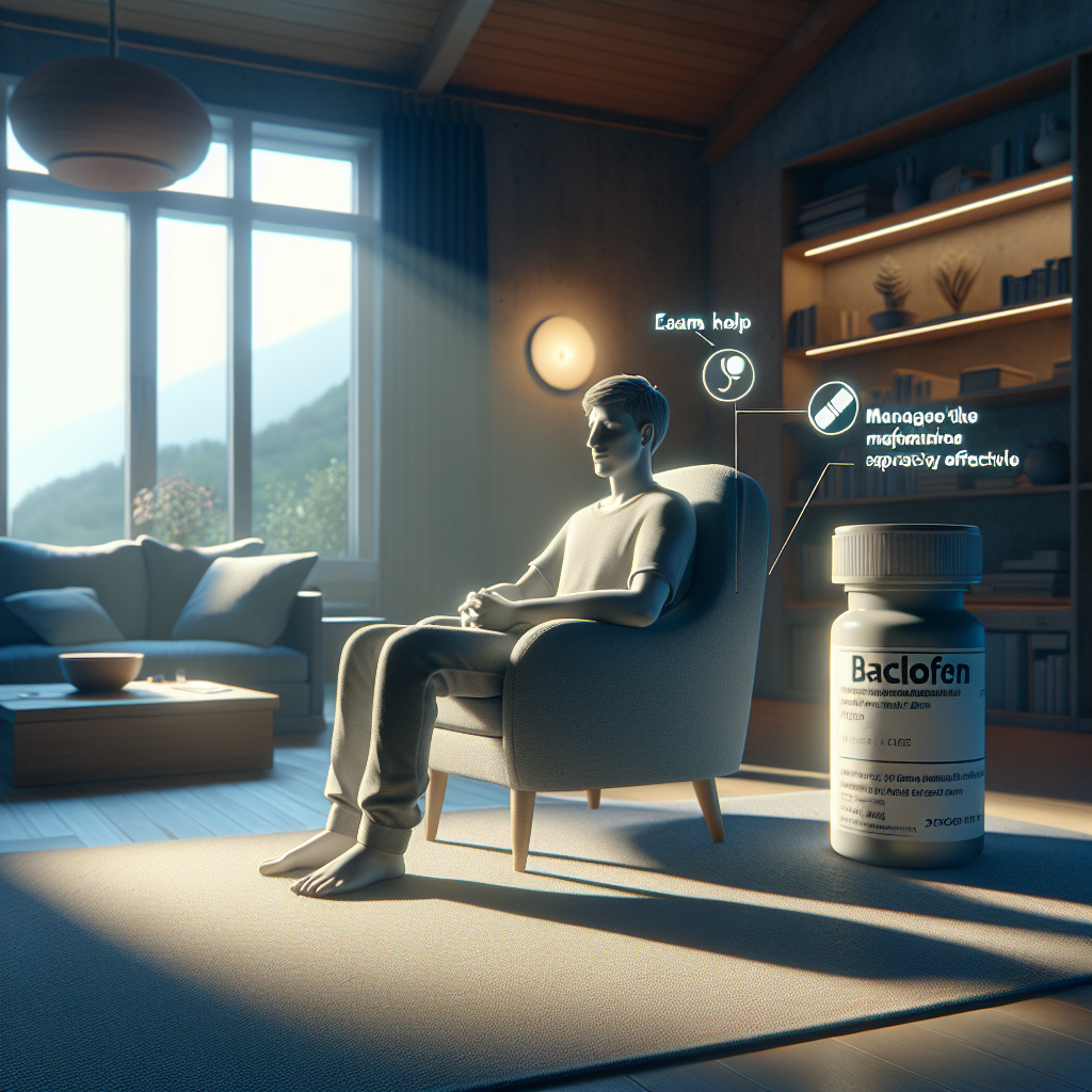 Produce a photorealistic image showcasing the idea of managing ALS cramps effectively. The setting could consist of a cozy room lighted naturally, with subtle evidences of medical help, like a pill bottle labeled 'Baclofen'. Include visual symbolism signifying ease and relief, such as a relaxed person in a comfortable chair, their facial expression communicating tranquility and satisfaction. Surroundings could have soft shadows, lending an air of serenity and calm, maintaining the focus on the theme of effortless management of spasticity.