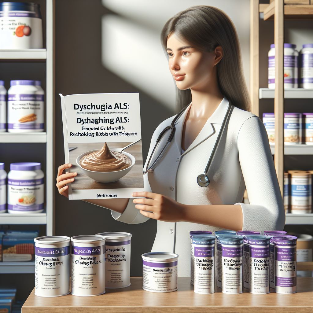 A photorealistic image featuring an informational guide about Dysphagia ALS: Essential Guide to Reducing Choking Risk with Affordable Thickeners. In the image, a white female nutritionist stands near a shelf full of different types of food thickeners. She's holding a brochure that talks about reducing choking risks in people with ALS. Natural lighting illuminates the scene, creating soft shadows and highlighting the showcased products and the guide.