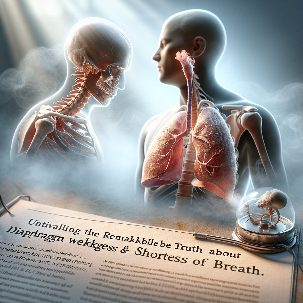 A photorealistic image illustrating the concept of Respiratory Onset ALS. The scene includes a depiction of a healthy human lung next to a lung affected by ALS, demonstrating diaphragm weakness. Also in the image is a person noticeably breathing laboriously, indicating shortness of breath. The image is presented with natural lighting and soft shadows to create a serene yet serious atmosphere. A title on the image reads: 'Unveiling the Remarkable Truth about Diaphragm Weakness & Shortness of Breath.'