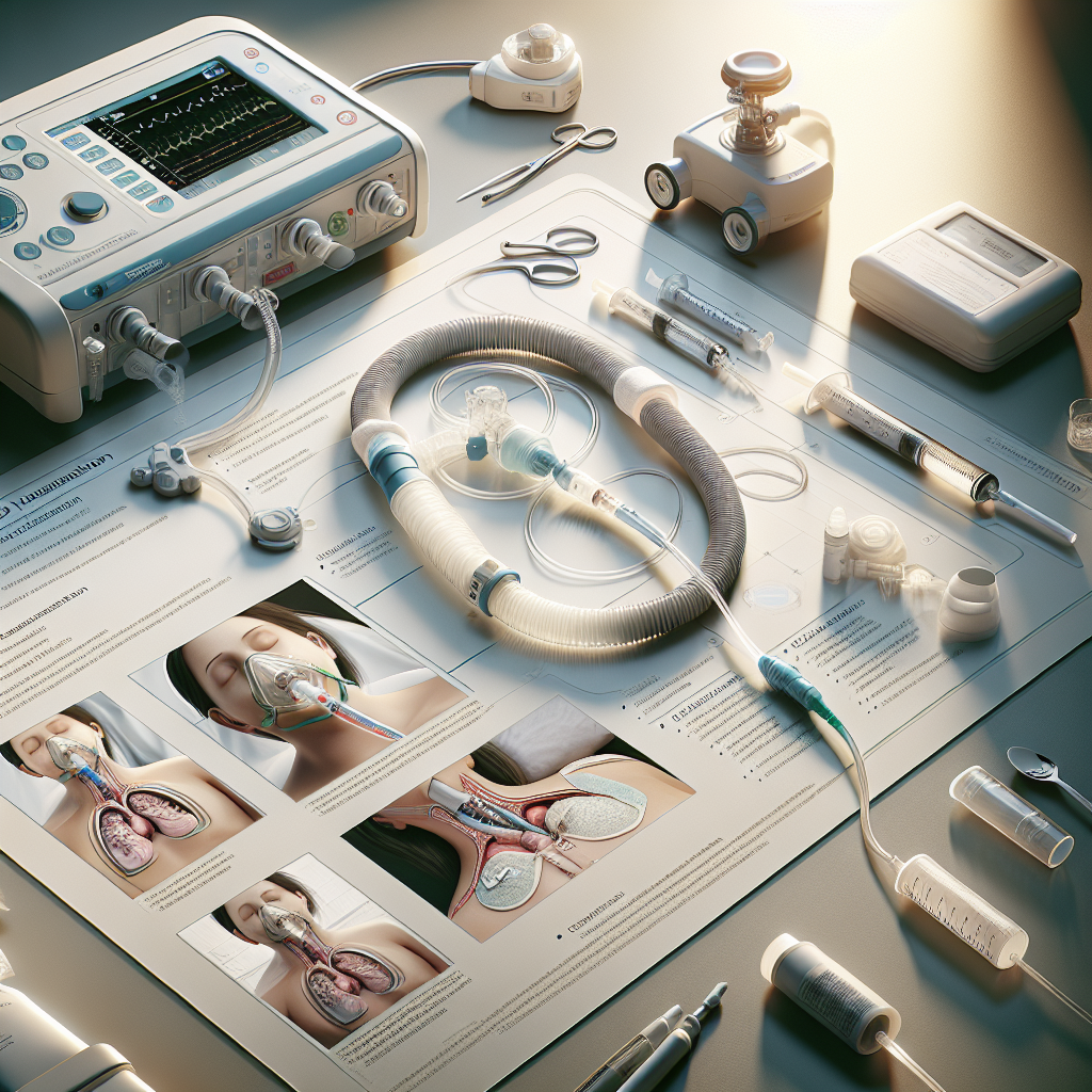 A photorealistic scene that leverages natural light and soft shadows to convey the essential elements of ALS life-saving invasive ventilation via tracheostomy. The image shows various medical equipment commonly used in this procedure, along with a detailed, yet non-graphic, representation of how the procedure is performed, helping to emphasize the life-saving potential of this medical intervention. There should be an informative guide next to the scene, clearly presenting the vital steps and considerations of the procedure. Please keep the visual representation respectful and educational, avoiding any explicit or disturbing views.