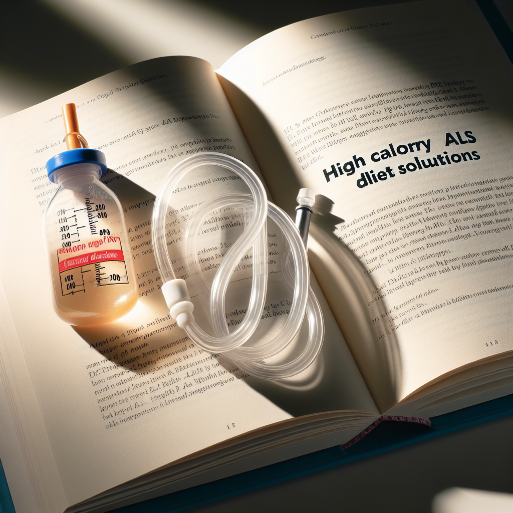 A brightly lit, photographic-quality scene featuring a PEG (Percutaneous Endoscopic Gastrostomy) tube, a piece of common medical equipment often used for diet solutions in patients with ALS (Amyotrophic Lateral Sclerosis). Additionally, also create an open book next to the PEG tube with 'High Calorie ALS Diet Solutions' written on its pages. The scene should be cast with soft shadows to emphasize the natural lighting.