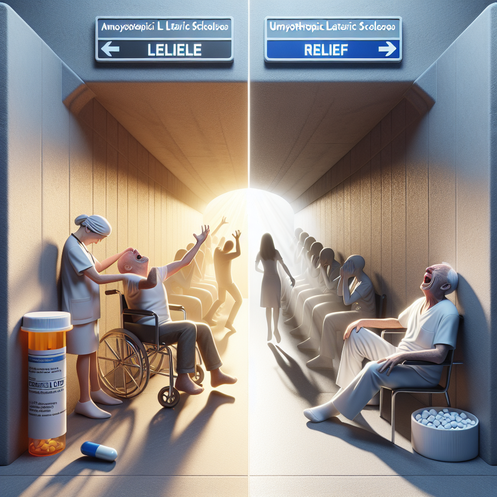 Create an informative image about the effects of ALS (Amyotrophic Lateral Sclerosis) that showcases two events, one of uncontrollable laughing and another of uncontrollable crying. This image also needs to address the concept of relief, represented with the visual symbolism of light at the end of a tunnel or something similar without being too literal. Natural lighting and soft shadows should be used to enhance the realism of the scene. Additionally, there should be an abstract representation of a pill container labeled 'relief', but without showing any specific medication brand.