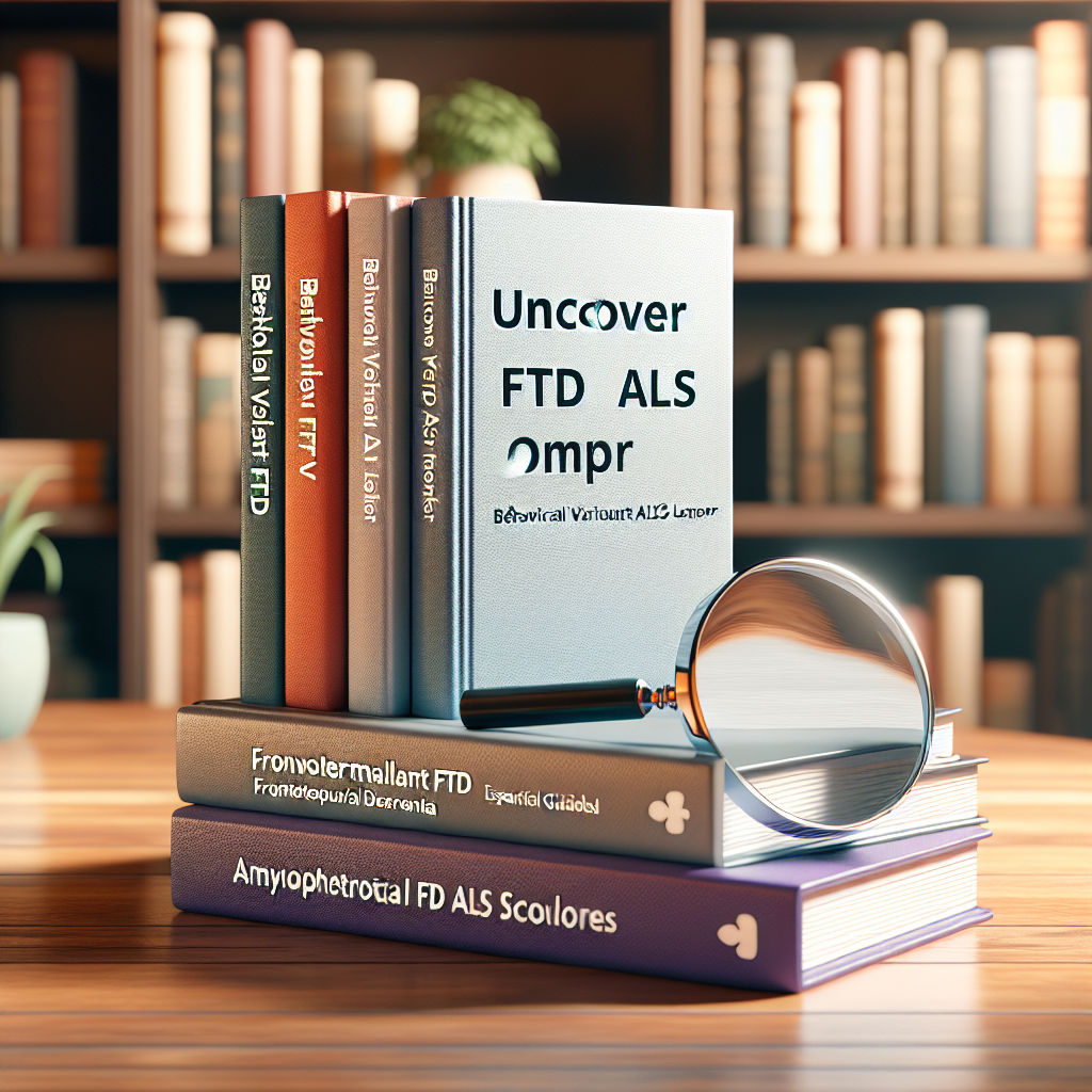 Create a high-quality, photorealistic image with natural lighting and soft shadows that represents the concept of 'Uncover FTD ALS Overlap'. The scene should include: a stack of essential guidebooks on the topics of behavioral variant FTD (Frontotemporal Dementia) and ALS (Amyotrophic Lateral Sclerosis) cognitive impairment; a magnifying glass placed on top of these guidebooks, symbolizing the 'uncovering' process; background elements could include a serene library or home office environment. The books can be detailed with titles related to FTD and ALS, depicting the need for in-depth understanding and research in these medical fields.