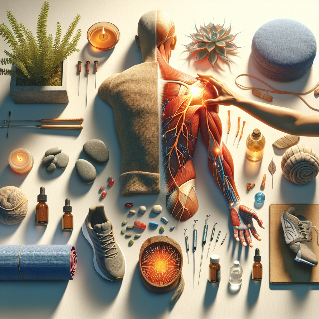 Create a photorealistic image that symbolizes the battle against ALS pain, focusing on relieving muscle cramps and neuropathic pain. Illustrate this through a combination of 10 distinct elements each representing a different strategy, under natural lighting with soft shadows. These could include a warm compress, a gentle hand massaging a muscle, acupuncture needles, an exterioceptive stimulus, a yoga mat, a medicinal plant, a water bottle, a runner's shoe, a meditation icon, and a book on self-care. The overall tone should be one of hope, resilience, and determination.