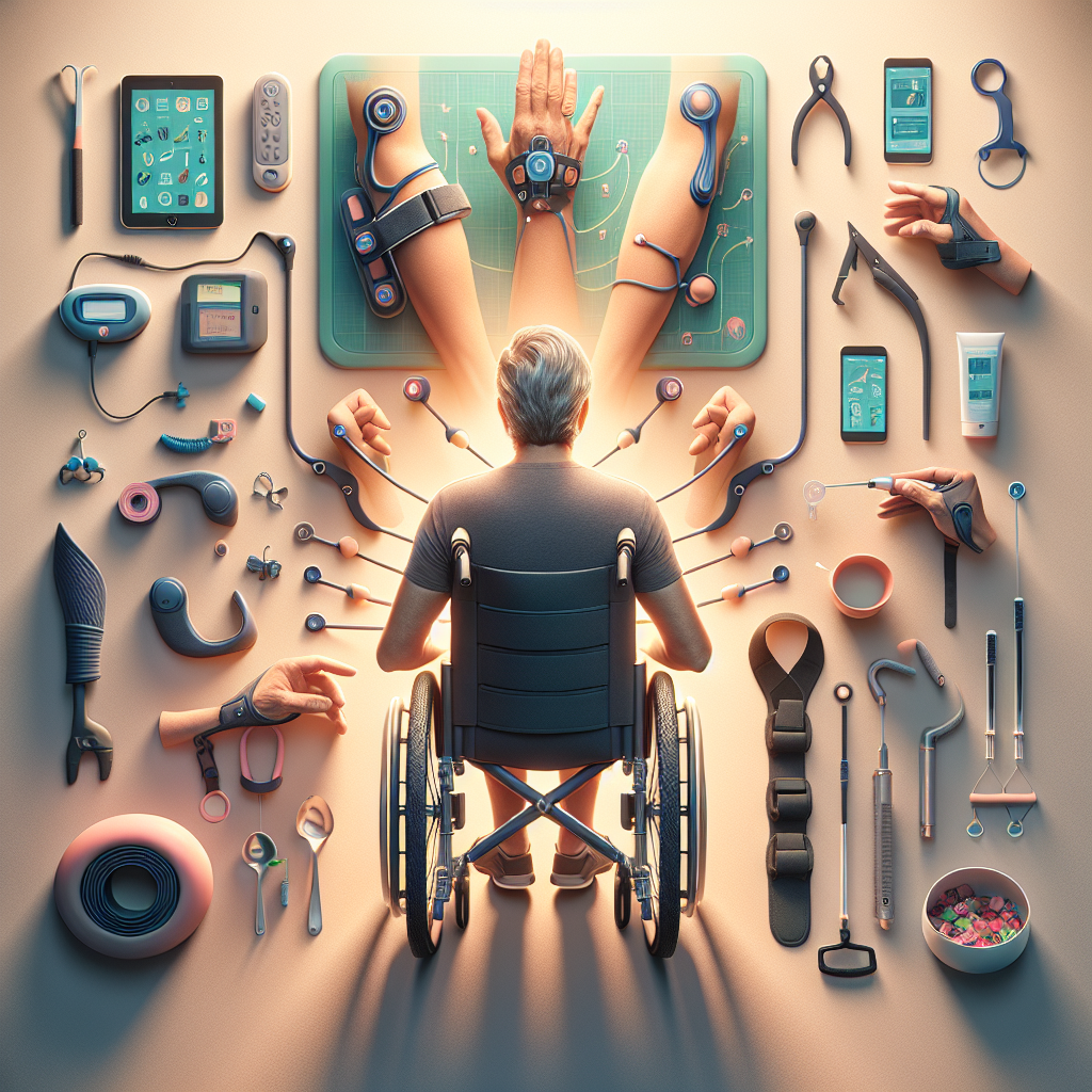 Create an image highlighting the various adaptive tools employed in Occupational Therapy (OT) for ALS patients. The image should focus on demonstrating how these tools are designed with an emphasis on effortless energy conservation. Use natural lighting effects and soft shadows to render the image so that it appears as photorealistic as possible. Make sure to include tools such as hand and arm braces, mobility aids, assistive devices for eating and drinking and communication boards. The primary objective should be to showcase the person-centered approach in OT equipment design and display how these tools aid daily life activities for patients with ALS.