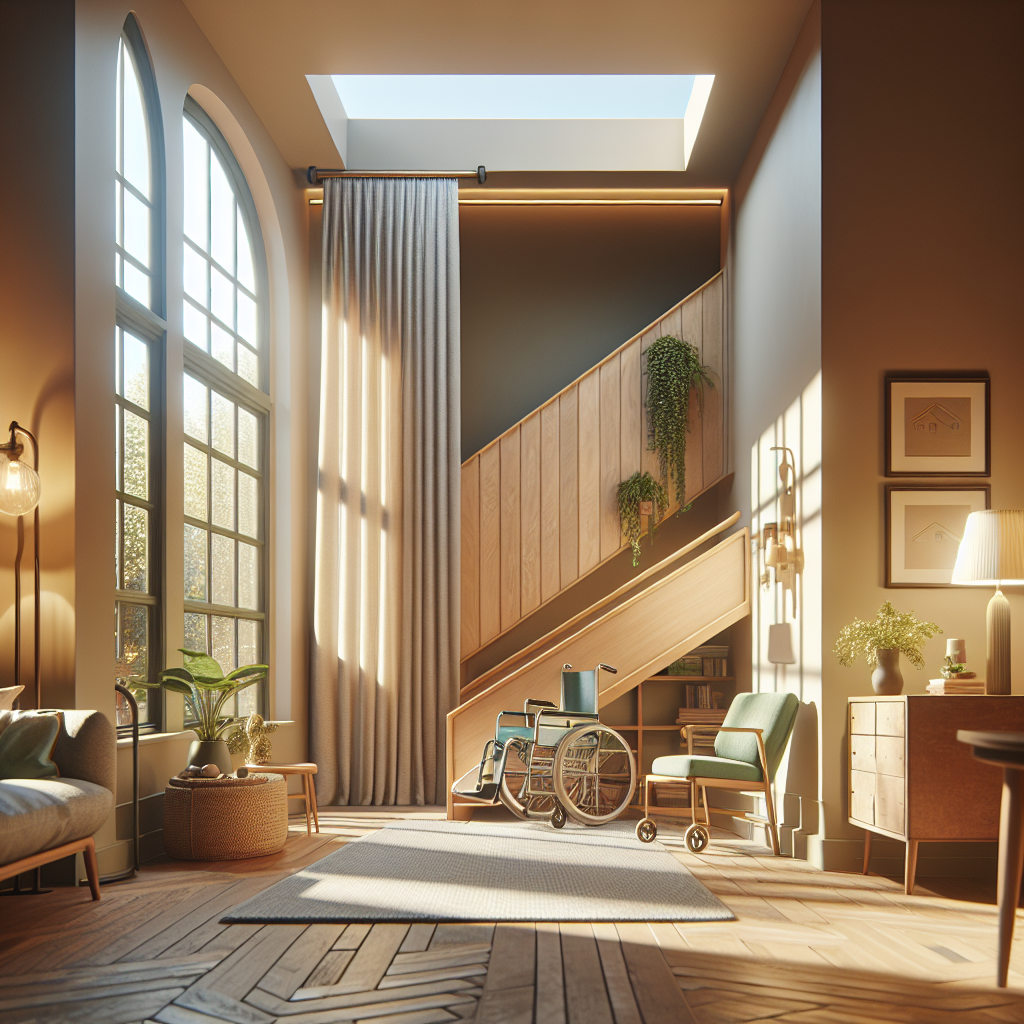 Depict an extremely high-quality, photorealistic scene of a cozy, sunlight-filled home featuring accessible modifications. The home should include a smoothly incorporated ramp as an alternative to stairs, appearing as an effortless integration while preserving the warmth of the home ambiance. Another highlighted modification should be widened doorways, accommodating ease of movement. The composition should balance these elements with the aesthetics of the home, embodied by neighboring furniture, wall art, and plants. The image should encapsulate the affordability and practicality of these solutions, making the home look welcoming and accessible for individuals living with ALS.