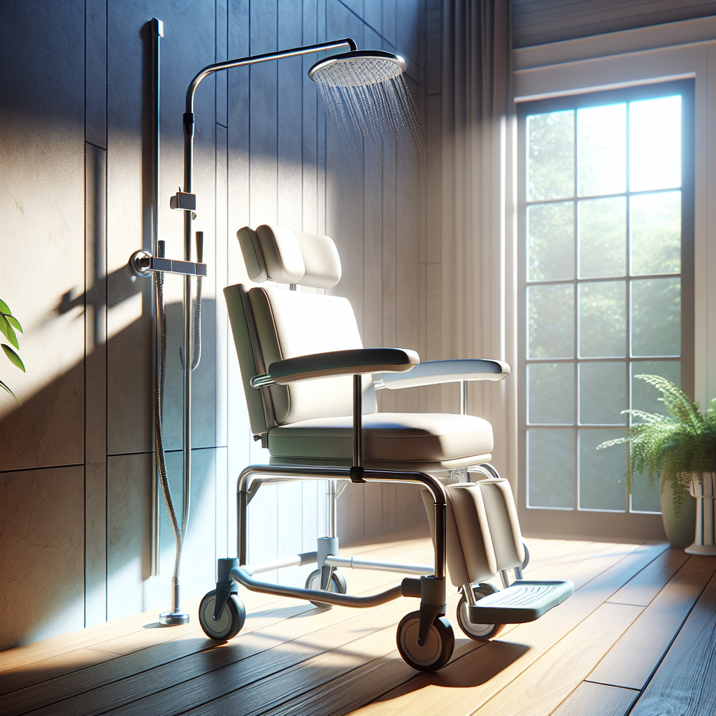 Generate a photorealistic image under natural lighting showcasing an affordable, high-quality shower chair designed as safety equipment for individuals with ALS (Amyotrophic lateral sclerosis). The scene should highlight key features of the shower chair such as non-slip surfaces, robust structure, adjustable height, and supportive armrests using soft shadows for depth perception.