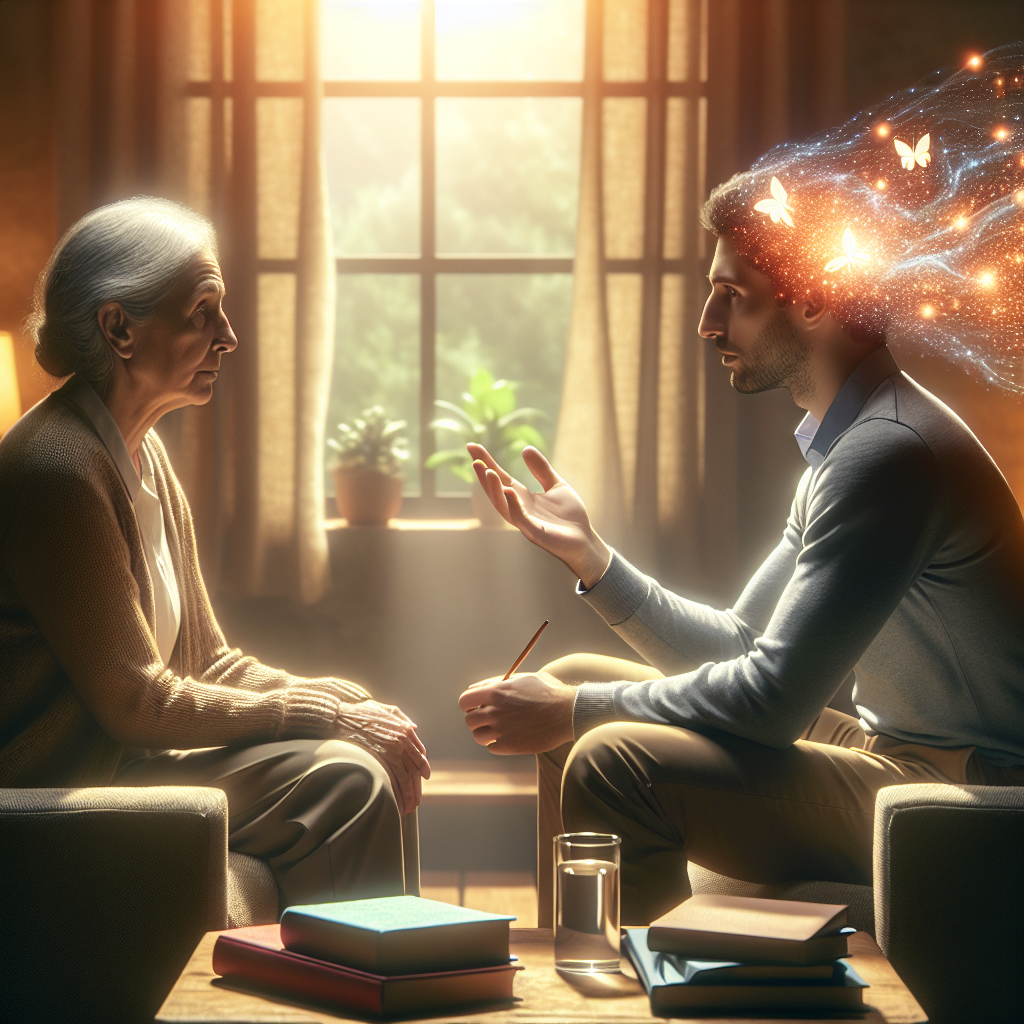 Create a photorealistic image that showcases a peaceful and comforting setting attended by a thoughtful Caucasian female counselor and a Hispanic male patient. They are seated in a serene environment with natural lighting and soft shadows, symbolizing the safe space of mental health solutions for people living with ALS. The counselor is gently sharing some insights, depicted as glowing particles of thought energy, representing the effortless mental health solutions being provided. Books, notepads, and other tools of counselling are subtly arranged in the background.