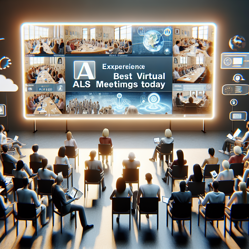Create a photorealistic image with natural lighting and soft shadows that illustrates the concept of virtual meetings conducted by ALS Association groups. Include elements such as digital screens displaying insightful dialogues, diverse groups of people participating from various locations, and the omnipresent sense of camaraderie. Showcase emotions of deep understanding, unity, and comfort which makes these meetings special and unmissable. Ensure the text 'Experience Best Virtual ALS Meetings today' appears prominently in an appropriate location in the image.