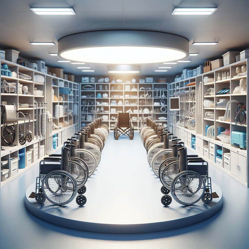 Depict a serene visual metaphor for 'Equipment Loan Closet Services' offered by ALS Association Chapters. The image stands within a large, well-organized room filled with medical equipment like wheelchairs, walking aids and ventilation devices, which represents the 'Equipment Loan Closet'. Overhead, a generous light source illuminates the room, casting soft shadows and illustrating the concept of natural lighting. The space is marked with an air of compassion and support, underscoring the exceptional services provided by the association.