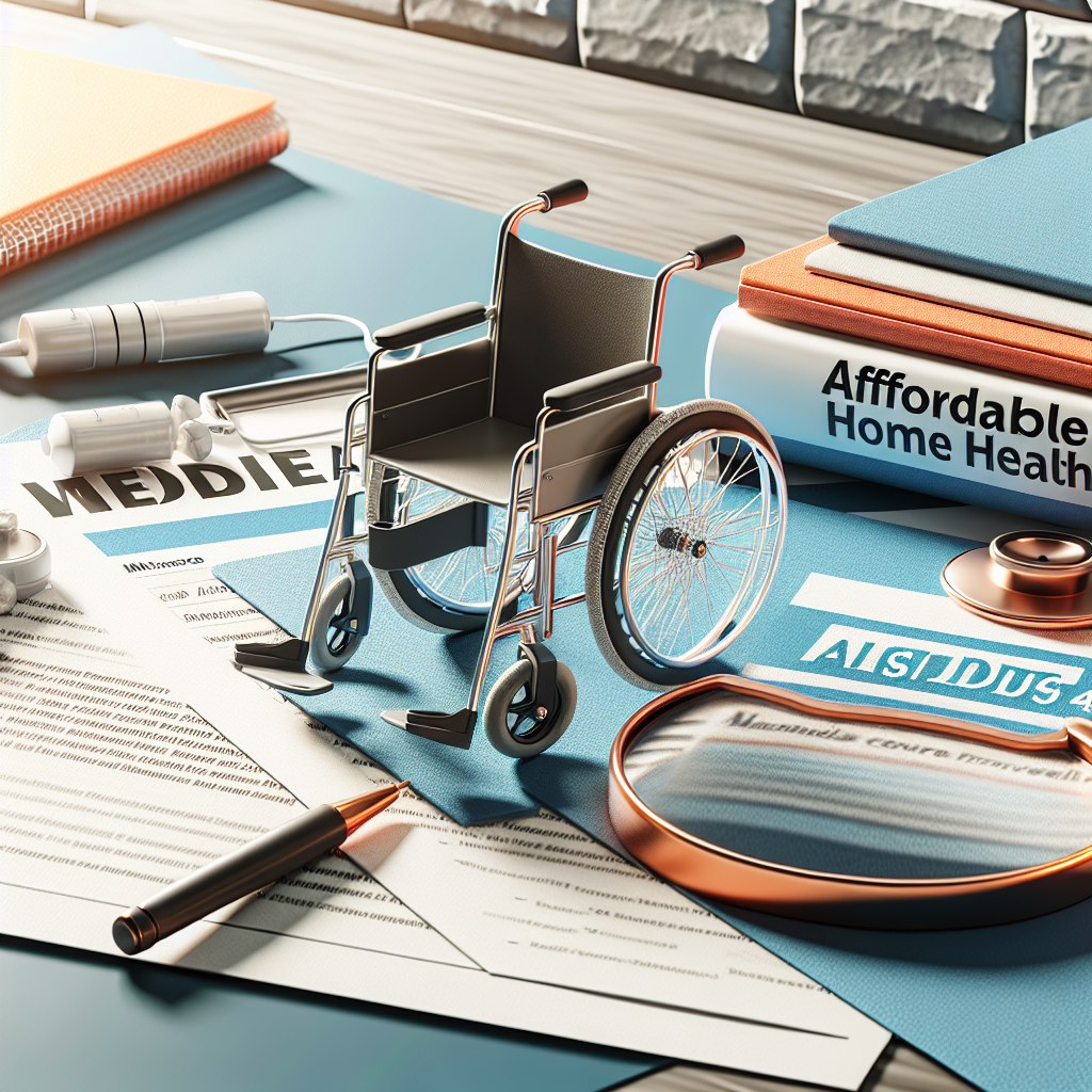 A detailed visual guide about Affordable Home Health ALS Coverage that specifically focuses on Medicare Wheelchair provision. This should be represented in a highly realistic style, with emphasis on natural lighting and soft shadows. The scene should include aspects like Medicare documents, a modern wheelchair suitable for ALS patients, and various educational resources to navigate Medicare. To convey the 'unmissable' aspect, emphasize the importance and accessibility of the information, possibly with a magnifying glass focused on crucial details or highlighting of key points.