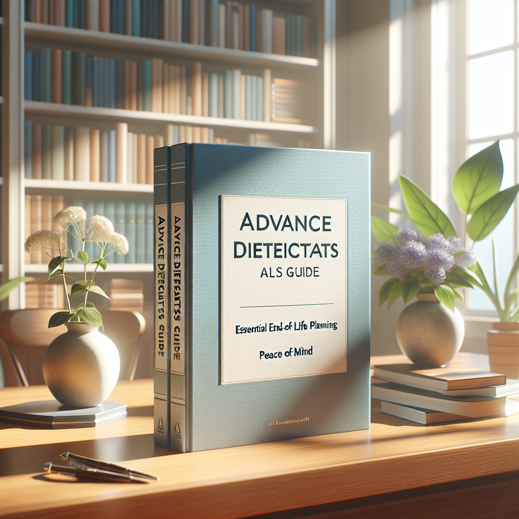 Design a photo-realistic image showcasing a well-organized book titled 'Advance Directives ALS Guide: Essential End-of-Life Planning for Peace of Mind'. The scene should be set in an elegant, home library with the book prominently placed on a wooden desk. A soft, natural lighting is streaming in from a nearby window, creating delicate shadows. The color spectrum is gentle and soothing with earth tones dominated. The book cover is inviting and professional, filled with calming shades of blue. This image signifies vital end-of-life planning, instilling a sense of peace and comfort.