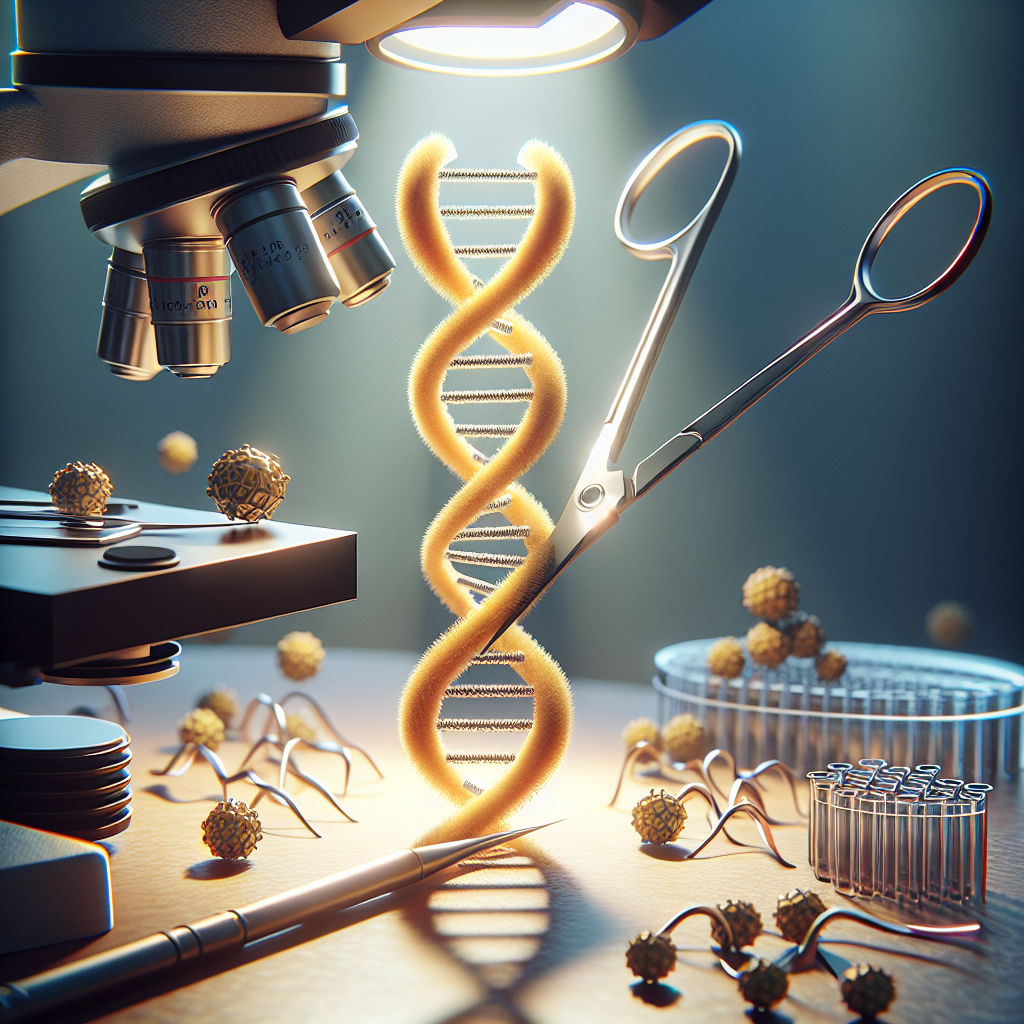 A realistic image illuminating the concept of CRISPR technology as a potentially revolutionary cure for ALS (Amyotrophic Lateral Sclerosis). The scene features a symbolic representation including but not limited to a strand of DNA being edited under a microscope with scissors indicating the precision CRISPR method. Natural lighting is illuminating the scene, creating soft shadows. The overall image conveys a sense of hope, breakthrough and the encouraging future of ALS treatment.
