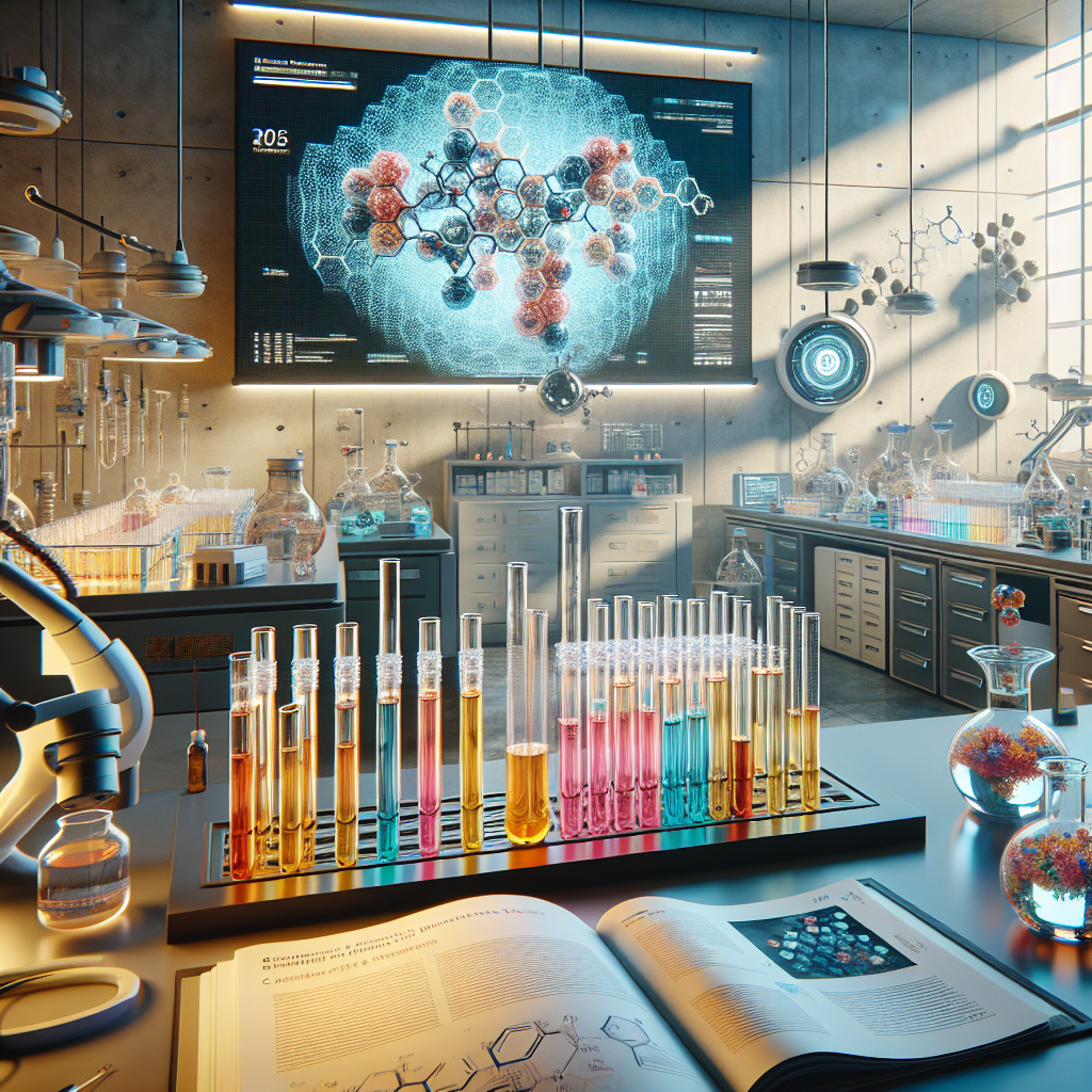 A photorealistically depicted scene featuring an array of scientific and medical equipment, test tubes filled with different colored liquids symbolizing experimental drugs under laboratory lights. The room bathes in subtle natural lighting and cast soft shadows. In the middle, a large flat-screen wall-mounted display shows a 3D chemical structure of a potential ALS treatment drug. Nearby, a futuristic digital calendar shows the year 2025. On the foreground is an open medical research journal with the headline 'Breakthrough Drug Pipeline Discoveries for ALS Treatment'.