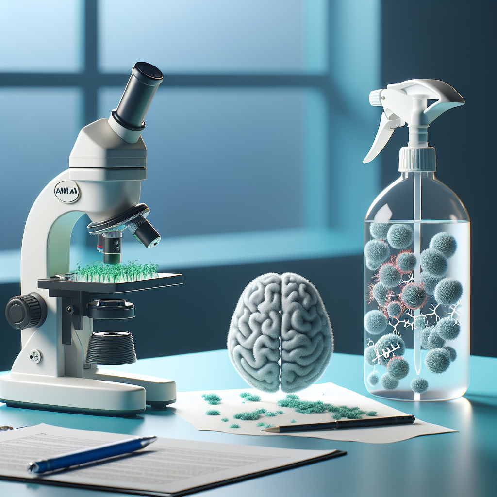 Generate a high-quality, photorealistic image that represents the concept of BMAA ALS, Cyanobacteria, and Pesticide Exposure Risk. The image should include a microscope viewing a sample of Cyanobacteria, a representation of ALS composed of neurology-related symbols, and a pesticide spray bottle or similar item to symbolize pesticide exposure. The scene should be well lit with natural lighting and soft shadows to increase the feeling of depth and realism.