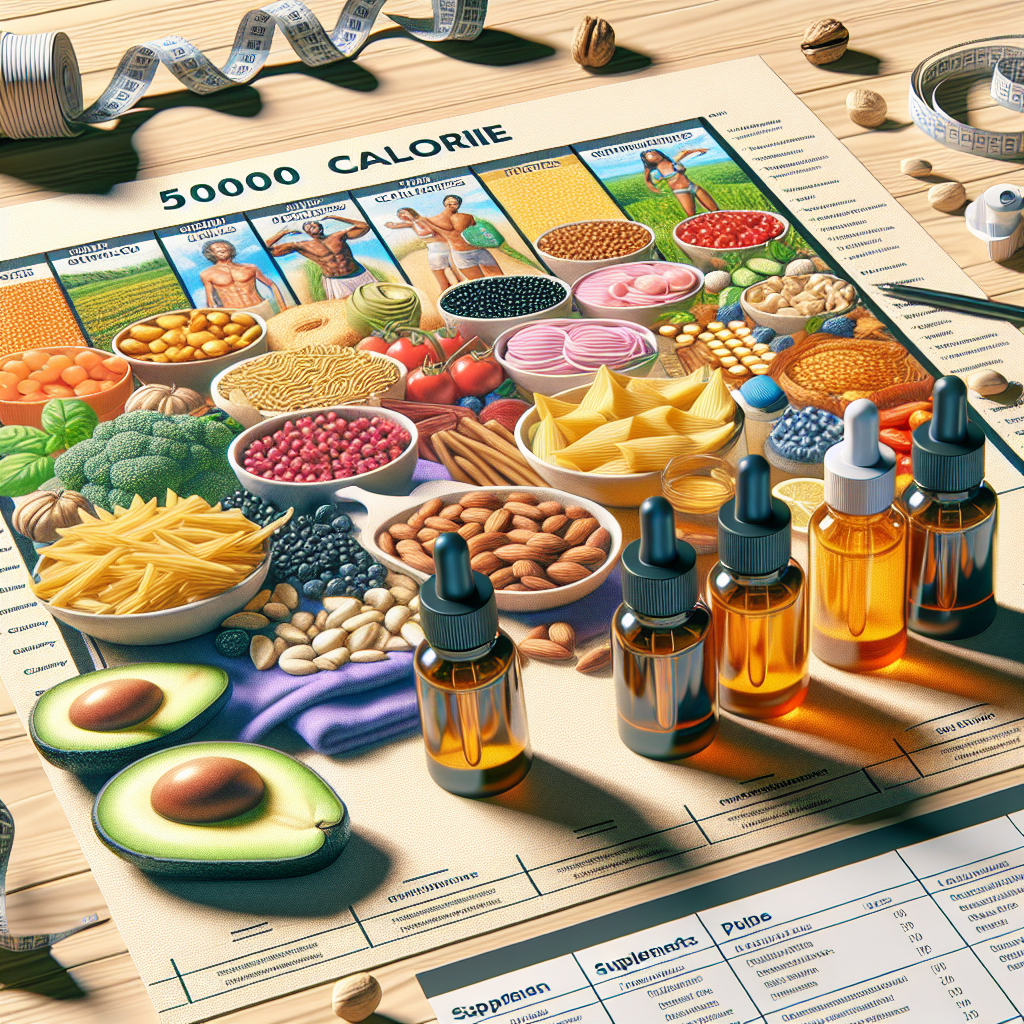 Create a photorealistic representation of a picture featuring a 5000 Calorie Diet plan that includes a variety of high-calories foods like avocados, nuts, and pasta, alongside bottles of powerful liquid supplements. The diet plan can be visualized as a checklist or flowchart, and the supplements can be multi-colored bottles with droppers. Ensure natural lighting and soft shadows to achieve a more realistic effect. This image represents a guide for preventing weight loss associated with ALS (Amyotrophic Lateral Sclerosis) through dietary supplementation.