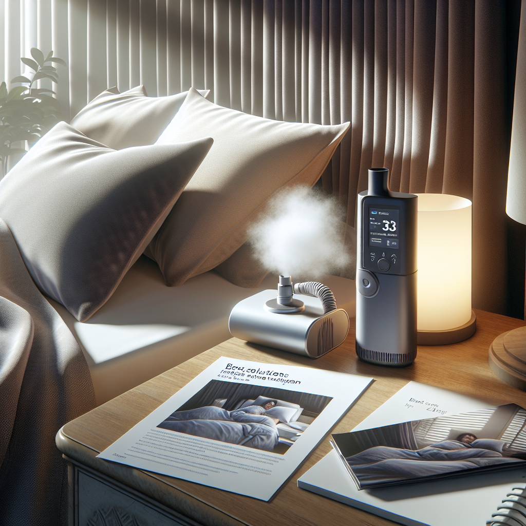 Illustrate a peaceful, non-clinical setting symbolizing optimal sleep conditions. The setting includes a comfortable bed with plush pillows and a soft, warm blanket. On a nearby nightstand, there's a modern, non-invasive ventilation device designed specifically for nighttime use, helping ensure easy breathing. There's also a pamphlet titled 'Best Solutions for Sleep Apnea & Nighttime Ventilation.' Natural lighting is seeping in from a curtained window, casting soft shadows. The overall mood of the image is calming, offering a visual representation of effective solutions for sleep issues like insomnia and sleep apnea.