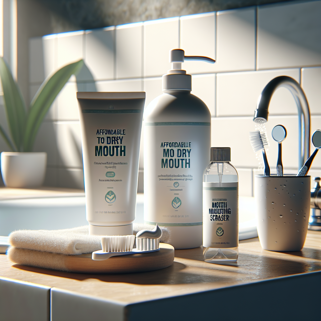 Create a high-quality, photorealistic image that depicts affordable solutions for oral hygiene challenges, specifically for individuals with dry mouth, which is commonly associated with ALS (Amyotrophic Lateral Sclerosis). The scene should illuminate emphasis on natural lighting and soft shadows, showcasing a variety of dental care products like a fluoridated toothpaste, mouth moisturizing gel, and a tongue scraper. The setting is in a clean, well-lit bathroom, with these products placed neatly by the sink.