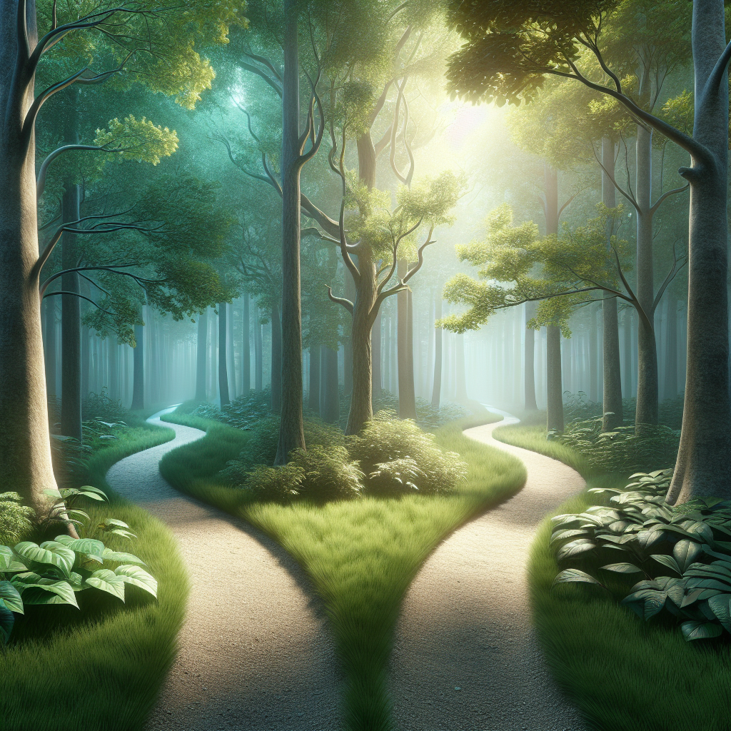 Create a detailed, high-resolution, photorealistic image that symbolically represents the differences between slow progression diseases, specifically PLS and ALS. The image should depict two paths diverging in a lush, serene forest, symbolizing the two diseases. One path, representing PLS, is a bit narrower and longer, indicating its slower progression. The other, representing ALS, is wider and shorter, representing a faster progression. The play of natural lighting and soft shadows in the scene alludes to the nuances and complexities of the conditions. Attention should not be drawn to any specific race or gender in this representation since it applies universally.