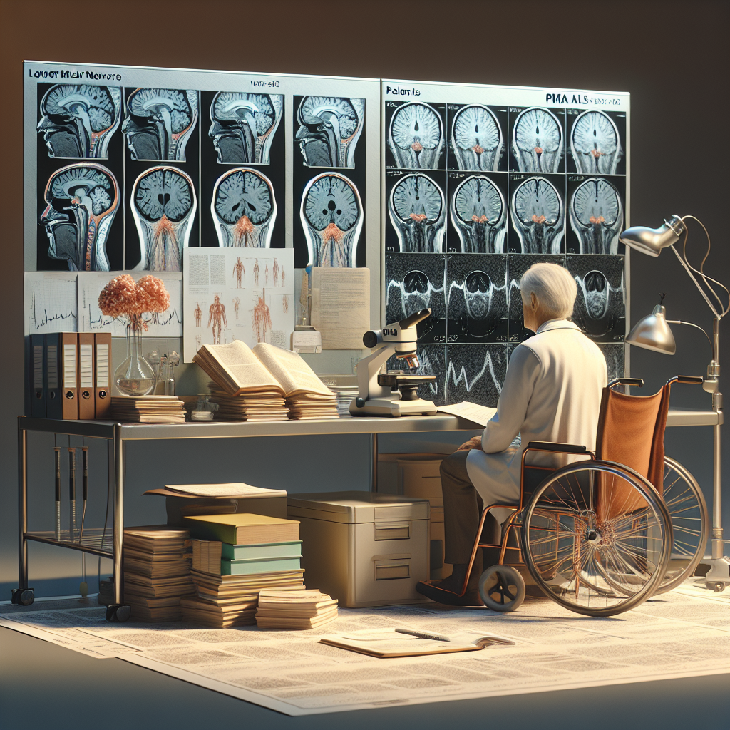 Create a depiction of a high-quality, photorealistic image representing the discovery and study of PMA ALS. The image should include 2D and 3D models of lower motor neurons, patients' MRI scans, scientific journals, and medical equipment typically used in research. The scene should be touched by natural lighting and have soft shadows to create an inviting and insightful mood around the serious and complex topic of this disease variant.
