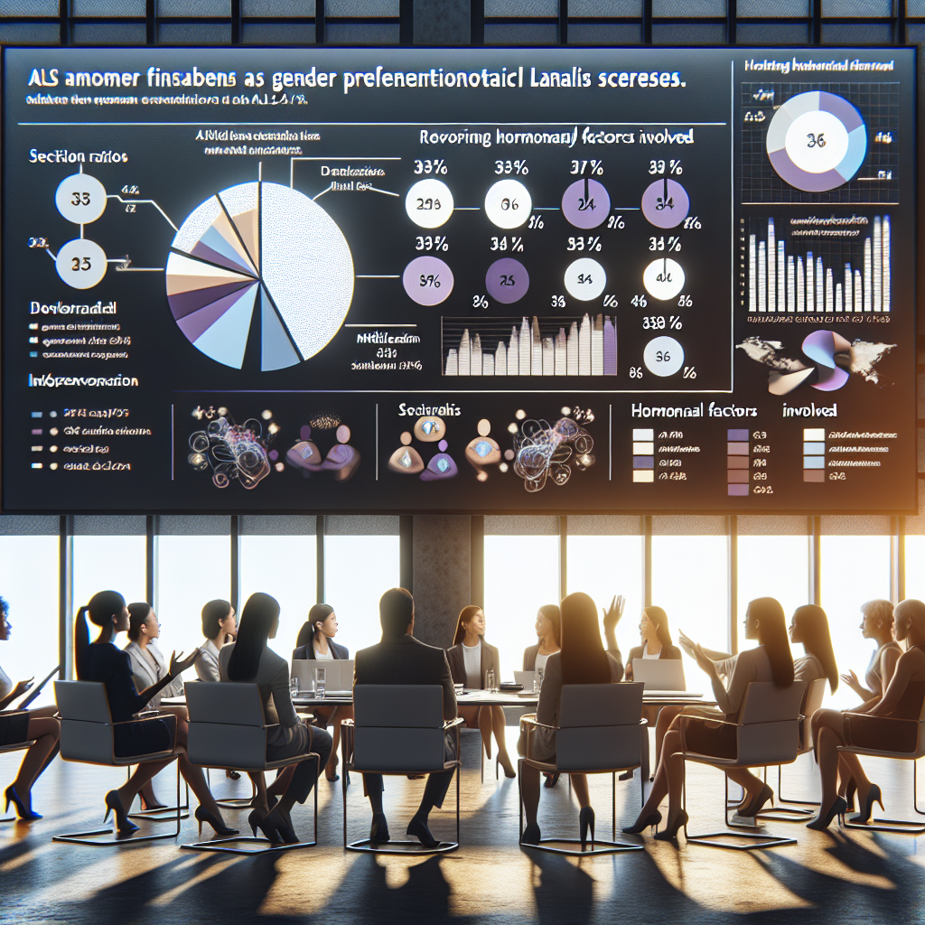 Generate a high-quality, photographic image set in a sunlit environment with soft shadows, showcasing a group of diverse females (Black, Asian, Middle Eastern, White, Hispanic and South Asian) in a conference setting discussing and demonstrating various statistics on a large digital screen. The screen should be displaying a pie chart with section ratios that provide a shocking revelation about gender prevalence in ALS (Amyotrophic lateral sclerosis). Surrounding the chart, infographics should depict various hormonal factors involved. Remember to use elements that promote discussion and understanding of the complex subject matter.